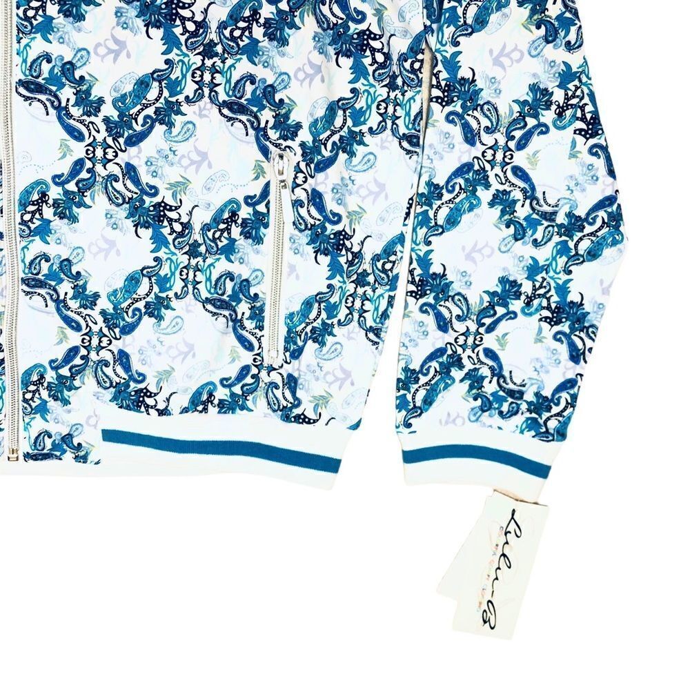 NEW Lulu-B UPF 50 Blue White Geometric Parsley Print Smooth Full Zip Jacket - Picture 5 of 13
